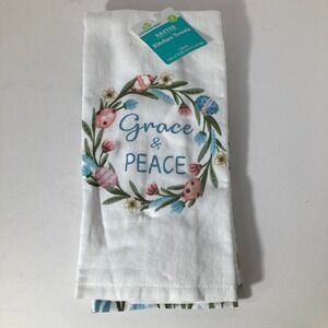 Set of Spring‎ Easter Floral Tea Towels Grace & Peace White 15 x 25" Cotton